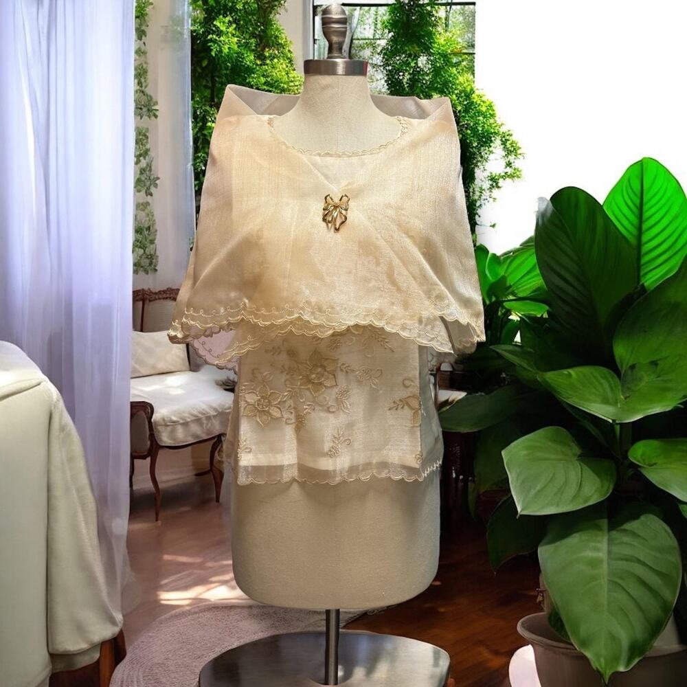 Embroidered Filipiniana Alampay Beige Floral Shawl Maria Clara Pañuelo One Size